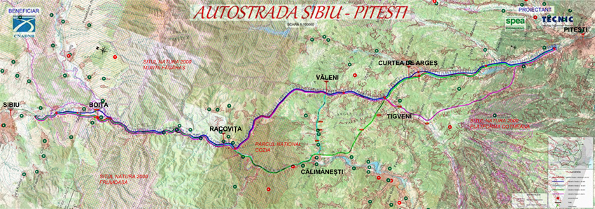 suprapunere planșă ilustrînd încadrarea în teritoriu a variantelor de traseu ale autostrăzii publicată de CNADNR și localizarea obiectivelor culturale prin Serverul Cartografic pentru Patrimoniul Național Cultural al Ministerului Culturii